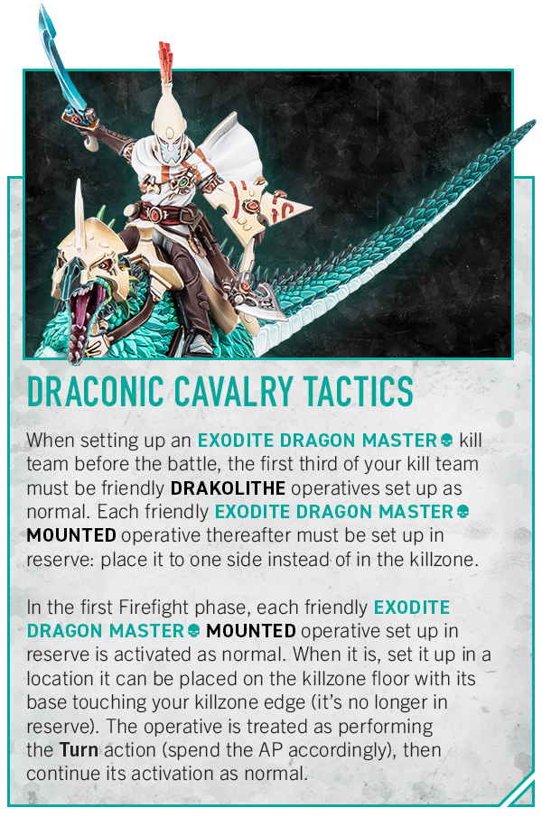 image Frontline Gaming Fantasy game card showing an armored rider on a turquoise dragon with the heading Draconic Cavalry Tactics and the accompanying rules text for Exodite Dragon Master and mounted units