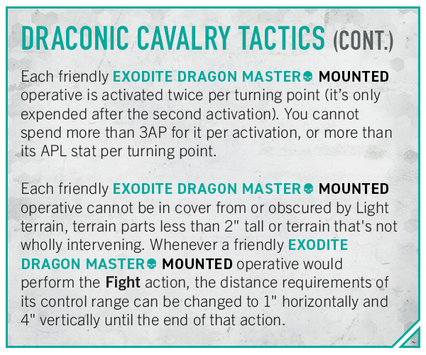 image Frontline Gaming Rule card page titled Draconic Cavalry Tactics CONT with teal headings detailing two sections on Exodite Dragon Master Mounted and related battlefield rules movement and terrain effects
