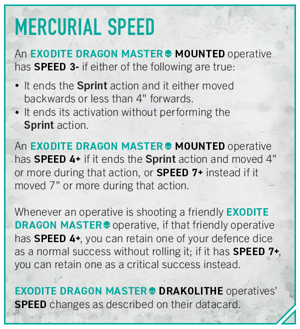 image Frontline Gaming Infographic card titled Mercurial Speed describing Exodite Dragon Master mounted operative speeds 3 4 and 7+ with movement rules and notes on activation and sprinting