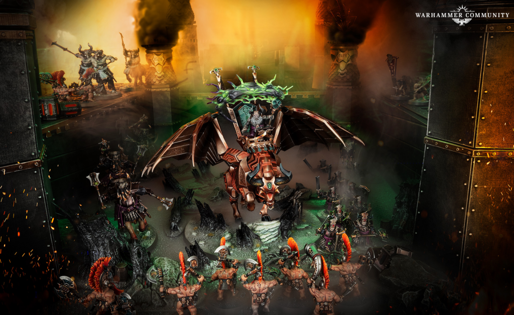 image Frontline Gaming Epic Warhammer battle scene: a central winged, armored demon mounted on a dragon leads a horde of beastmen against nearby fighters amid a smoky, fiery battlefield.