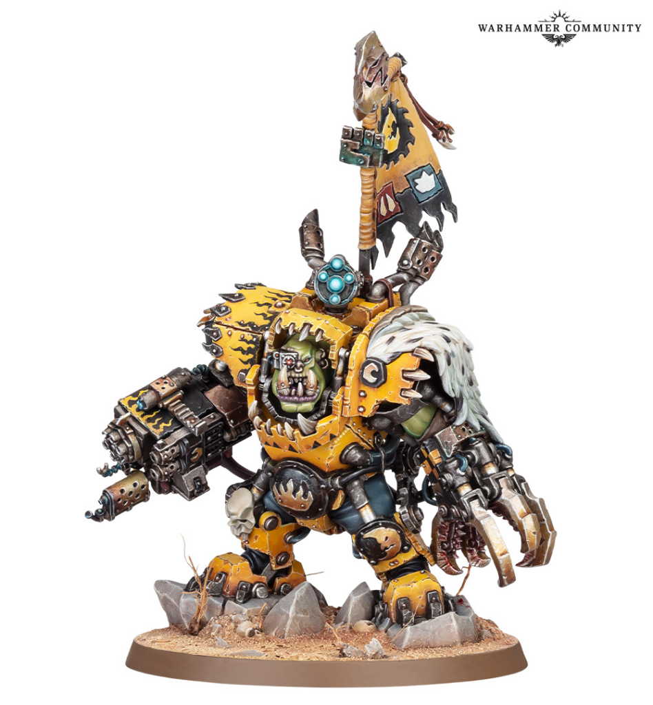 image Frontline Gaming Warhammer miniature yellow armored Ork with a large mechanical claw banner on a pole posed on a rocky base