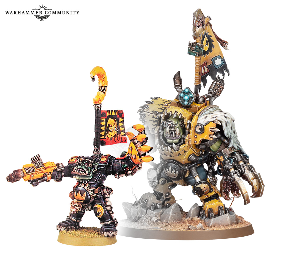 image Frontline Gaming Two Warhammer miniatures a yellow orange orc wielding a gun with a banner and a larger armored orcbrute on a rocky base