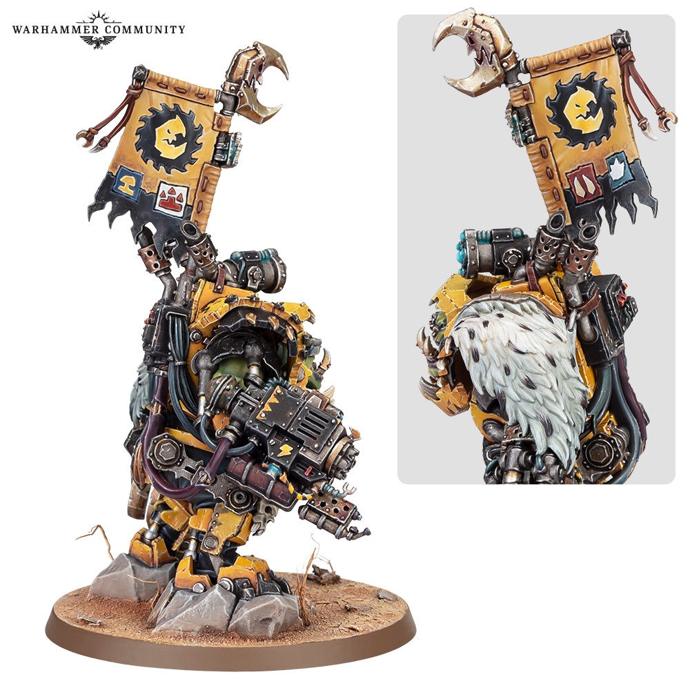 image Frontline Gaming Two view Warhammer miniature a yellow armored ork with a raised banner bearing a gear emblem intricate machinery and a rocky base logo visible in top left