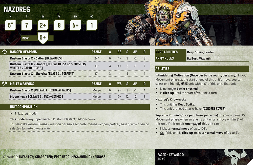 image Frontline Gaming Nazdreg unit sheet orc commander with stats for ranged and melee weapons unit composition and army rules including core abilities displayed on a parchment like battlefield background