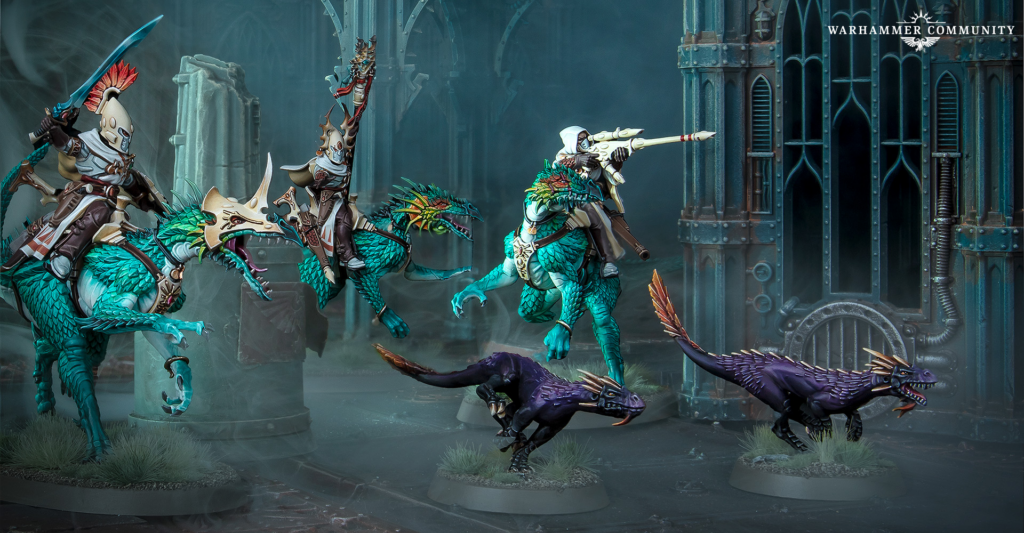 Three armored riders on teal dragons charge through a smoky ruined metal hall Warhammer Community logo in the top right