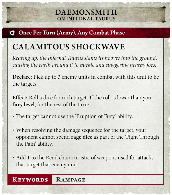 image Frontline Gaming Calamitous Shockwave card: Infernal Taurus slams the ground, damaging up to 3 enemy units and triggering fury-based effects; roll dice for fury level.