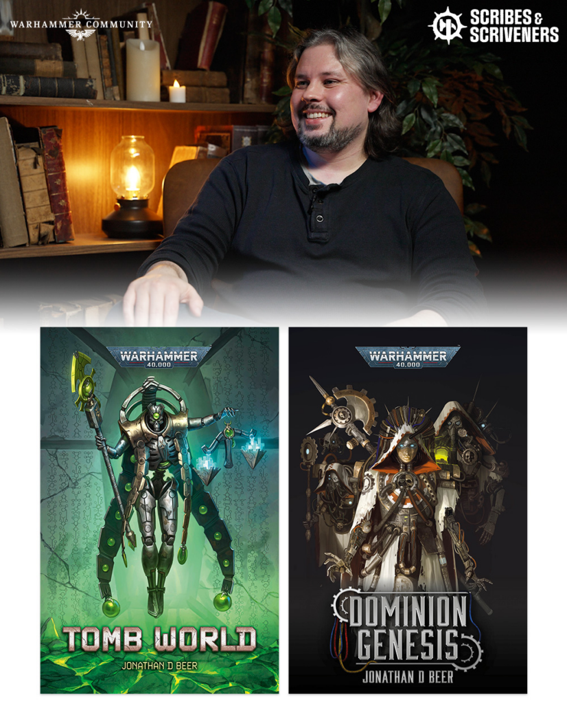 Smiling man seated indoors with a bookshelf and candles behind him top corners show Warhammer Community and Scribes  Scriveners logos Below are two book covers Tomb World and Dominion Genesis by Jonathan D Beer