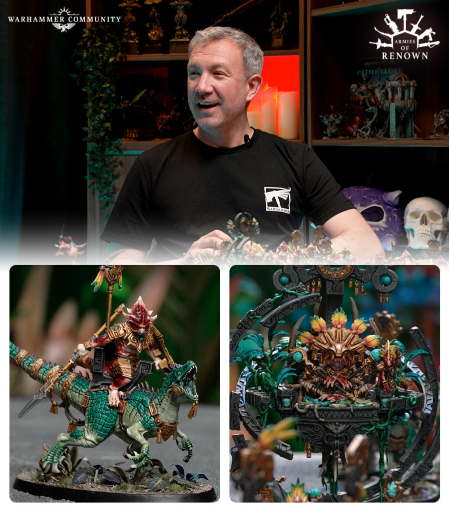 Man in a black T shirt speaks at a Warhammer display with Warhammer Community and Armies of Renown logos visible in the background amidst miniature dioramas