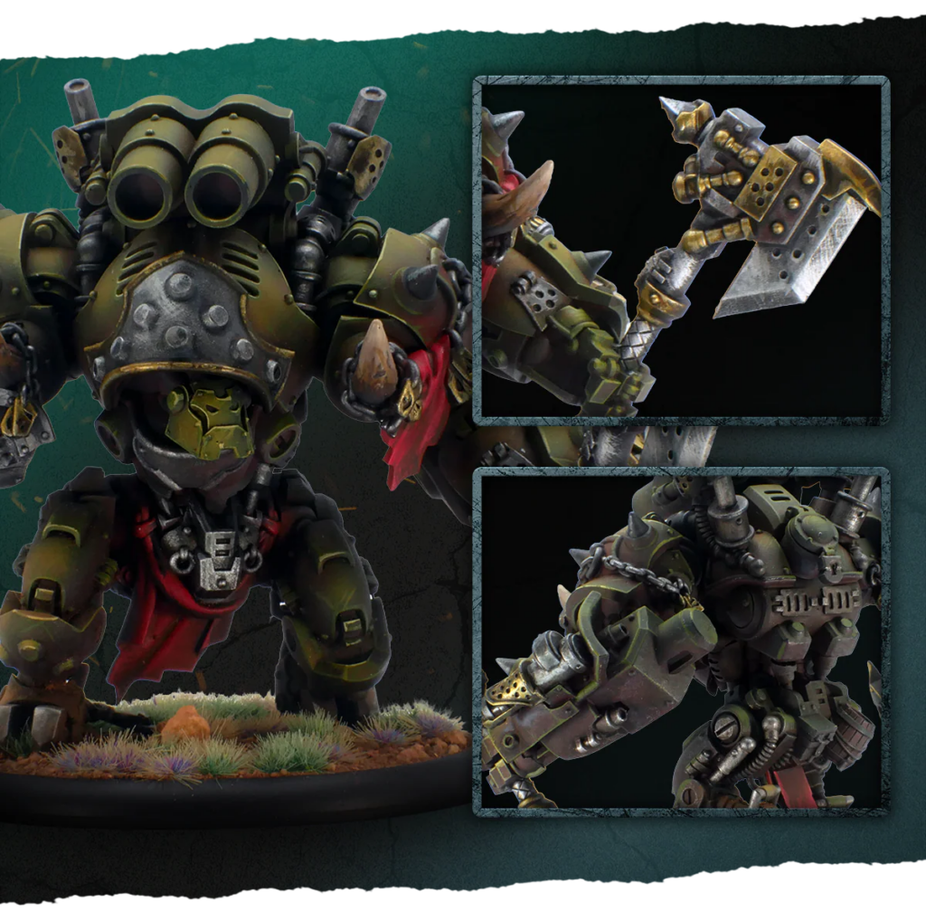 image Frontline Gaming Large green armored orc miniature with goggles and red cloth on a grassy base posed for tabletop battle