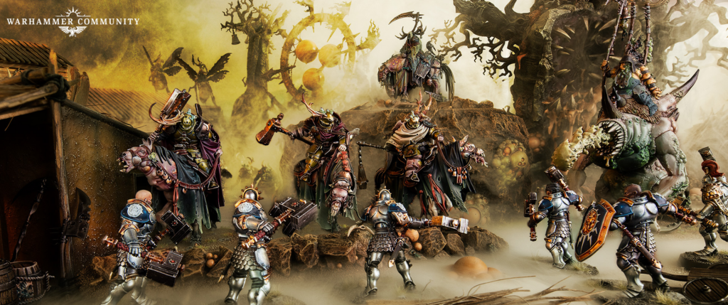 image Frontline Gaming Epic Warhammer battle scene with heavily armored knights clashing in a smoky, desolate landscape; Warhammer Community logo top-left.