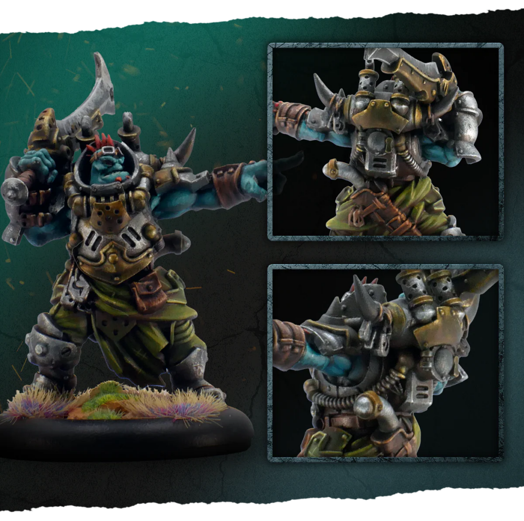 image Frontline Gaming Orc warrior miniature in heavy metallic armor with a large blade standing on a grassy base