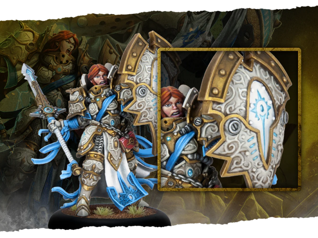 image Frontline Gaming Fantasy female knight in white gold armor with blue accents wielding a long sword and ornate shield on a miniature base full figure