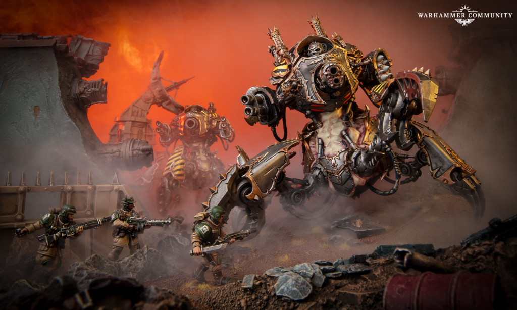 A towering ornate war machine with spikes charges forward as soldiers fire rifles in a smoky cratered battlefield under an orange sky