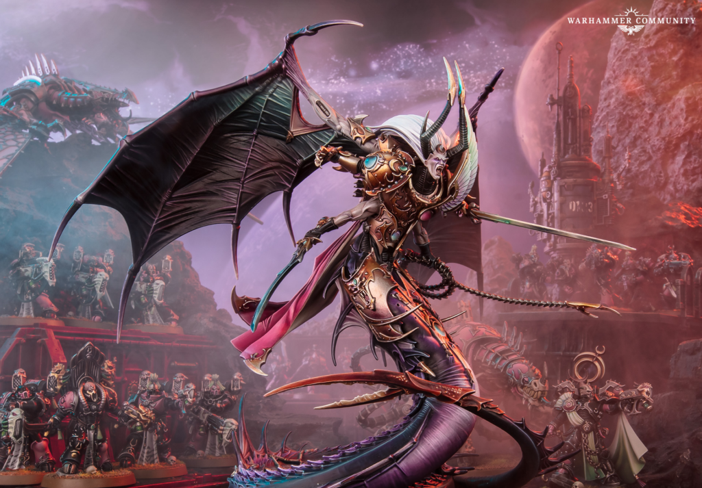 Central ornate demon model with large bat wings spear and horned helm leading a war band on a fantasy battlefield