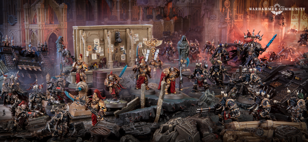 Warhammer tabletop battle scene dozens of ornate armored miniatures clash in a ruined city with fire and smoke in the background highly detailed diorama
