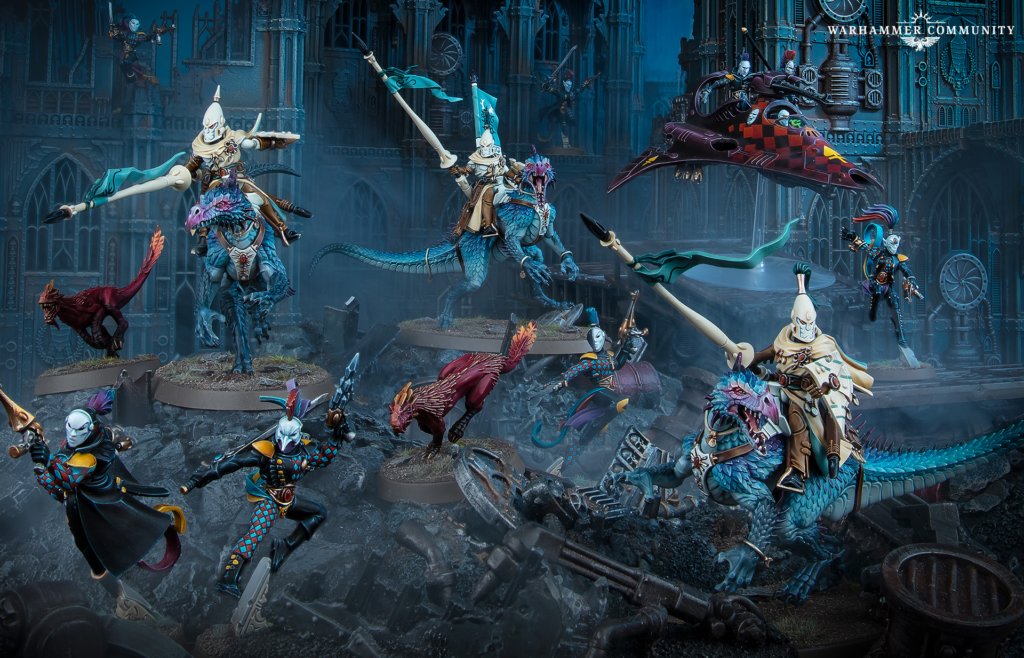 Tabletop Warhammer battle scene with heavily armored riders on blue dragon mounts charging through a ruined Gothic city accompanied by a flying armored craft