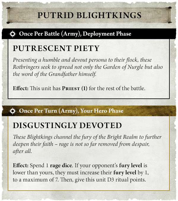 image Frontline Gaming Two parchment-style game cards showing Warhammer-style abilities: Putrid Blightkings with Putrescent Piety and Disgustingly Devoted, each with labeled
