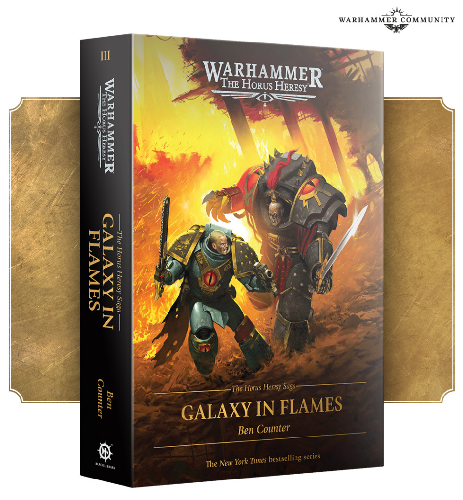 Book cover of Warhammer The Horus Heresy Galaxy in Flames showing two armored Space Marines clashing amid flames