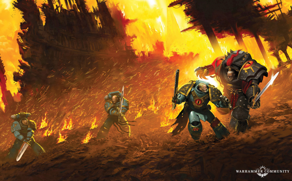 Three armored Space Marines clash in a fiery battlefield amid flames and rubble Warhammer Community artwork in the scene