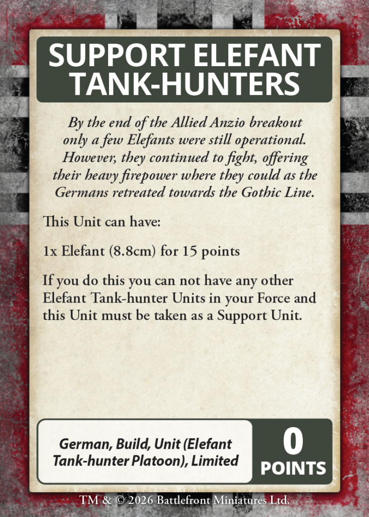 Poster urging support for Elefant Tank hunters beige parchment card with green header italic narrative text and a bottom 0 POINTS badge with unit name
