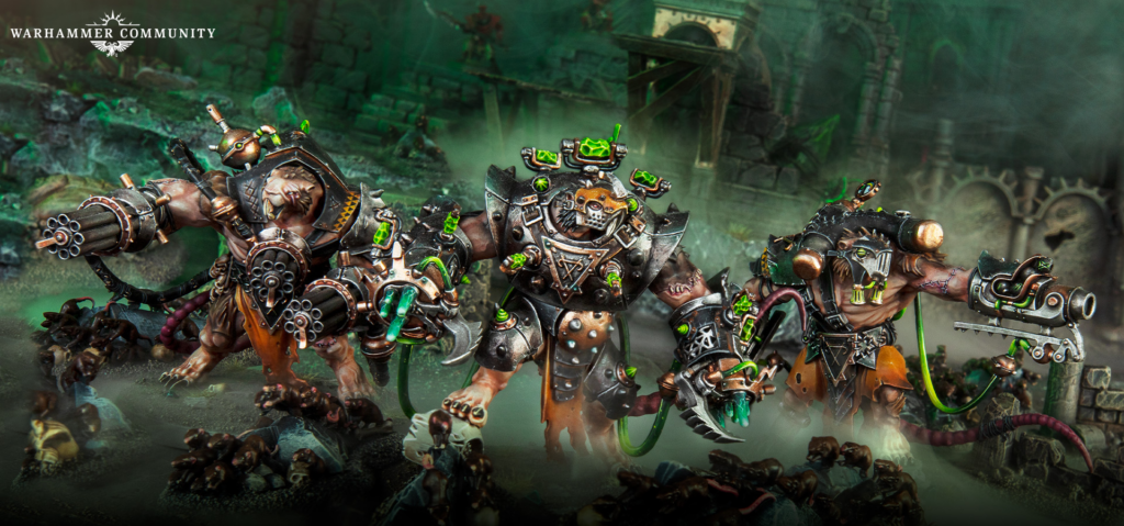 image Frontline Gaming Orc warband in heavy armor charges across a ruined battlefield with green toxic fumes and weapons.