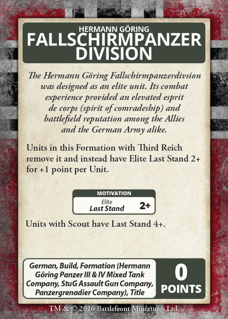 Battlefront game card titled Fallschirmpanzer Division featuring Hermann Göring with descriptive text about an elite unit and a 0 POINTS box at the bottom