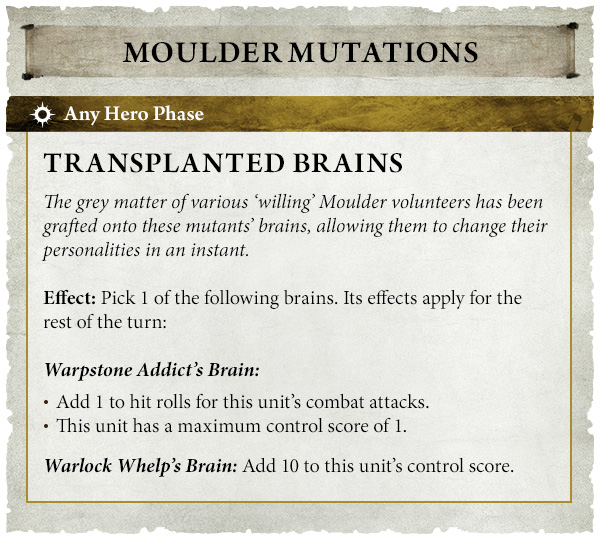 image Frontline Gaming Moulder Mutations card titled 'Transplanted Brains' describing grafted brains that can change personalities, with two brain options and effects listed.