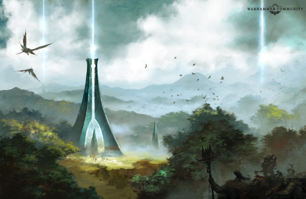 Epic fantasy landscape with a tall teal cathedral like tower misty valley and soaring birds under a pale sky distant mountains in the background