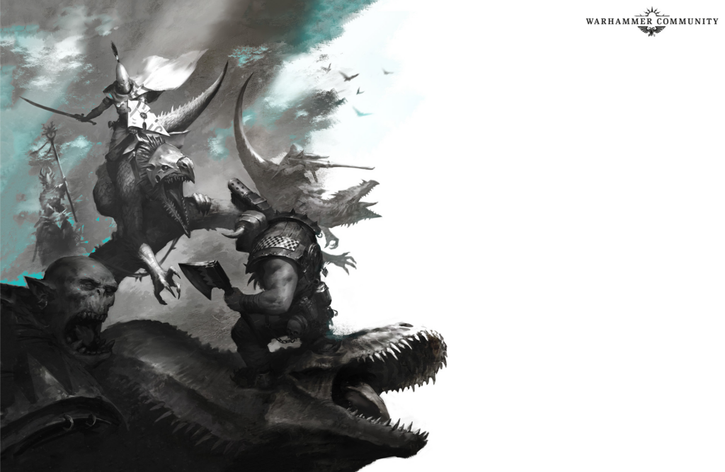 A armored rider on a dragon leads a chaotic battle against monstrous foes in a grayscale teal accented scene with the Warhammer Community logo in the top right corner