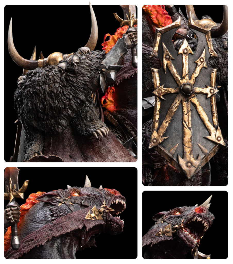 Dark dragon knight figurine with black scales gold armor accents and a spiked shield in a multi panel collage