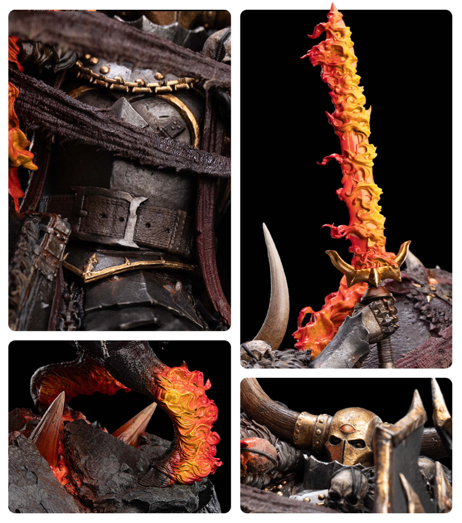 Collage of a dark armored warrior and a lava flame sword on a black background