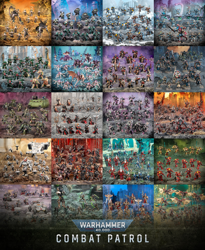 Grid collage of Warhammer 40000 Combat Patrol miniatures from various factions posed in battle ready formations on different terrains