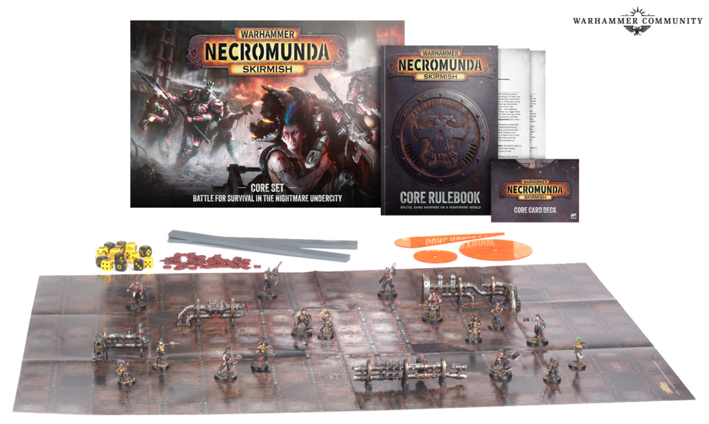 image Frontline Gaming Necromunda Skirmish core set and rulebook with miniatures dice rulers and game board on a tabletop
