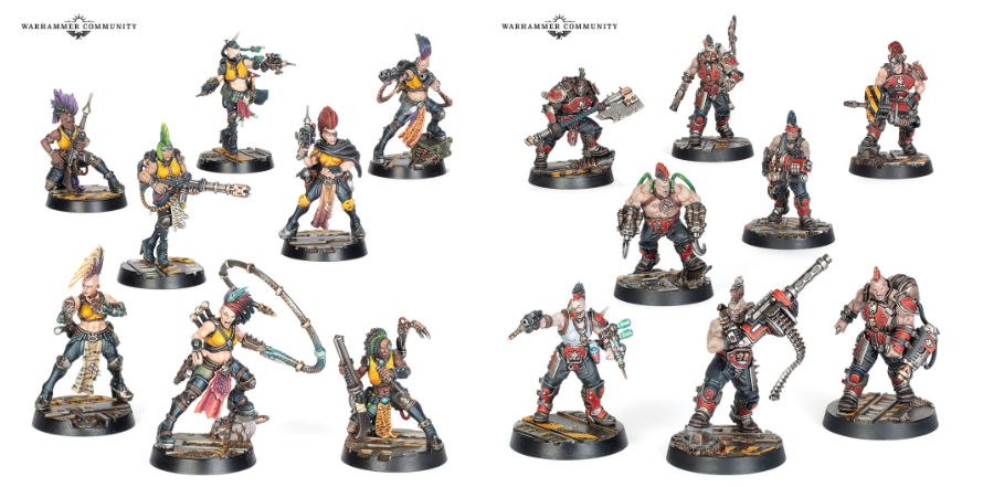 image Frontline Gaming Group photo of multiple painted Warhammer miniatures on round bases arranged in left and right clusters against a white background
