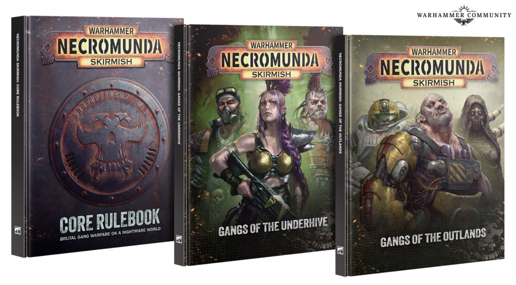 image Frontline Gaming Three Necromunda Skirmish core rulebooks displayed side by sideleft with a skull emblem center and right featuring illustrated gang characters