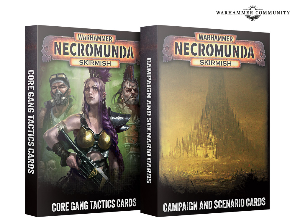 image Frontline Gaming Two Necromunda card boxes side by side Core Gang Tactics Cards and Campaign and Scenario Cards with Warhammer Community logo top right