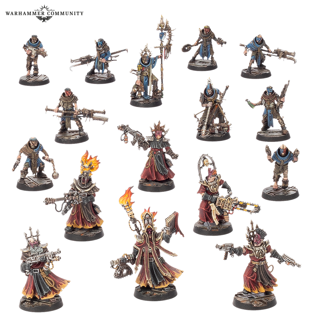 image Frontline Gaming Group of 15 painted Warhammer miniatures including robed spellcasters and gun troopers on round bases on a black background