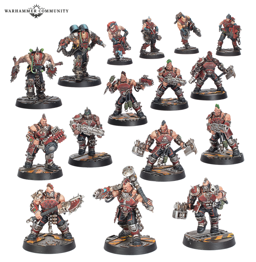 image Frontline Gaming Group of red armored Warhammer miniatures on round bases arranged for tabletop battle