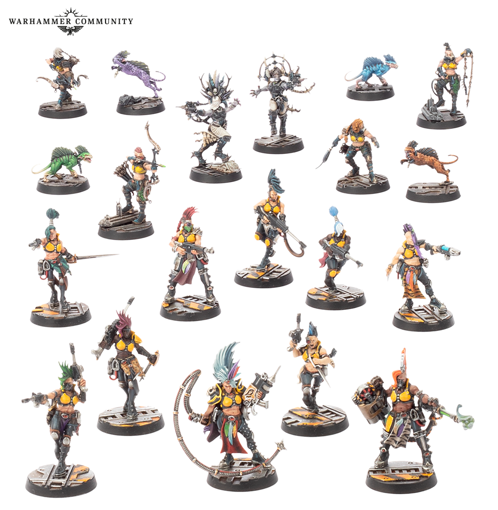 image Frontline Gaming Group of painted Warhammer miniatures on round bases arranged in a grid on a black background logo visible in corner You can see warriors archers and several creature figures in varied poses