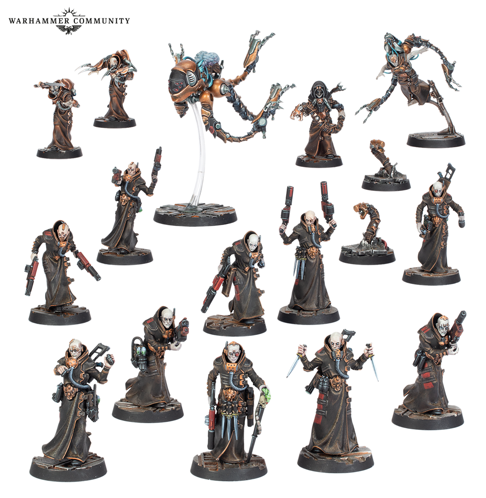 image Frontline Gaming Collection of Warhammer miniatures in brown robes and armor posed as a battle scene with a central airborne figure on a clear stand surrounded by cultists