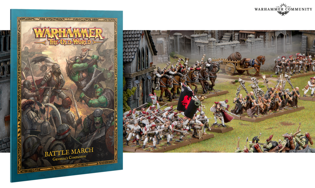 image Frontline Gaming Boxed Warhammer: The Old World—Battle March General's Companion on the left, turquoise cover, beside a detailed tabletop battlefield of armored troops and a wagon.
