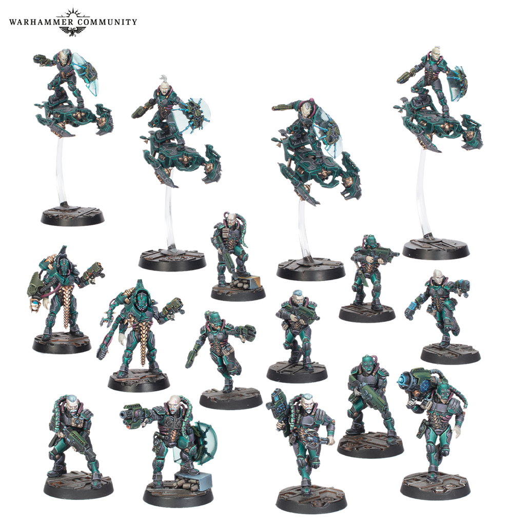 image Frontline Gaming Group of teal armored Warhammer 40k miniatures on bases posed on flight stands for tabletop gaming with Warhammer Community logo in the corner