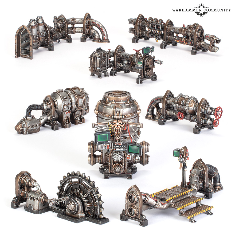 image Frontline Gaming Collection of detailed steampunk style machinery miniatures and engines arranged on a white backdrop likely Warhammer inspired game terrain or components