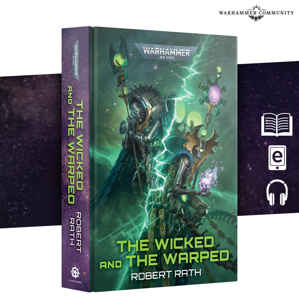 image Frontline Gaming Cover of The Wicked and the Warped by Robert Rath with two armored figures and bright green energy on a scifi Warhammer book art background
