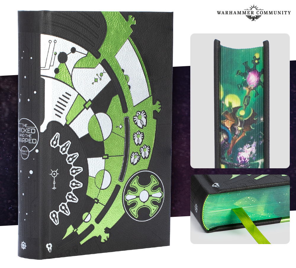 image Frontline Gaming Warhammer themed notebook with neon green and black gear artwork shown with two close ups of a green edge bookmark and a spacethemed spine detail