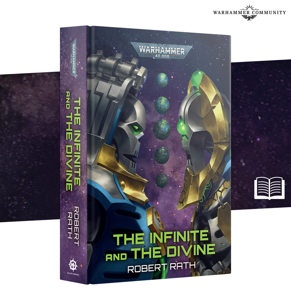 image Frontline Gaming Book cover The Infinite and the Divine by Robert Rath two armored robots face off in space with planets and a starry purple backdrop behind them