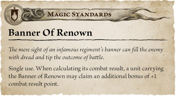 image Frontline Gaming Game card titled 'Banner Of Renown' on a parchment banner with 'Magic Standards' header; flavor text about instilling dread and affecting battle outcome; rules note: single use; unit carrying the banner gains +1 combat result point.