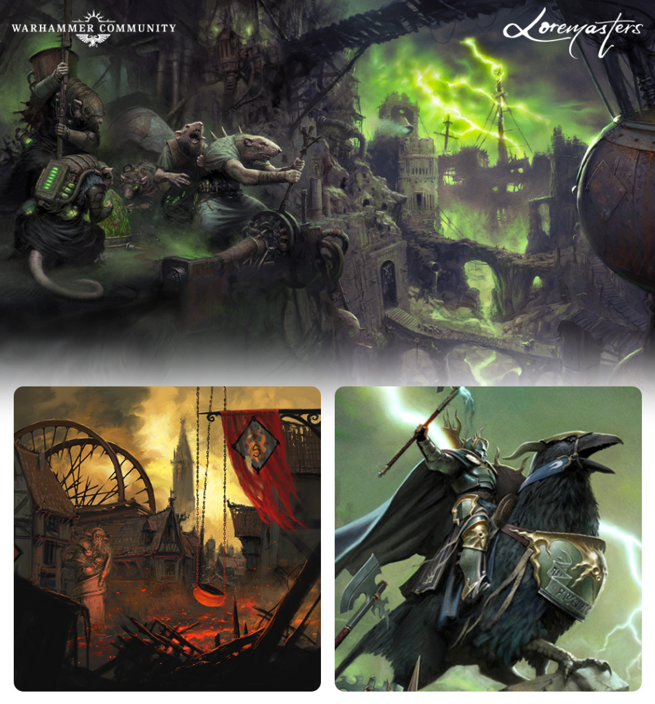 Dark Warhammer banner with a chaotic battle atop ruined towers and green lightning two thumbnails below show a fiery siege left and a knight on a raven right