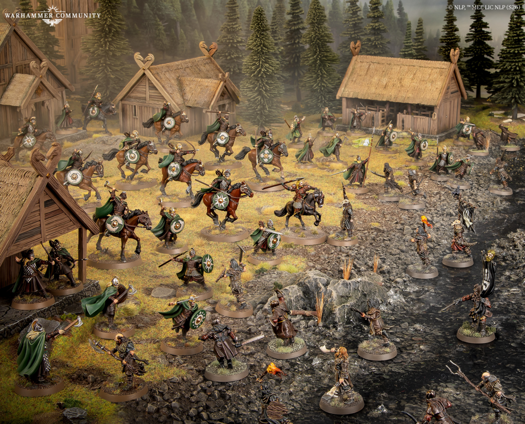 image Frontline Gaming Large Warhammer miniature battle in a forest village, green-clad riders clash with infantry amid wooden huts.