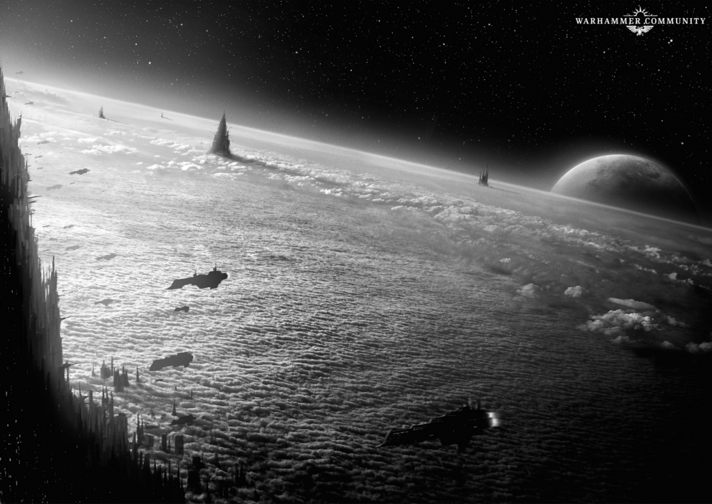 Dark grayscale space scene showing a ringed planet with a cloudy textured atmosphere and jagged rock spires along the edge distant stars fill the black sky Warhammer Community logo in the top right corner